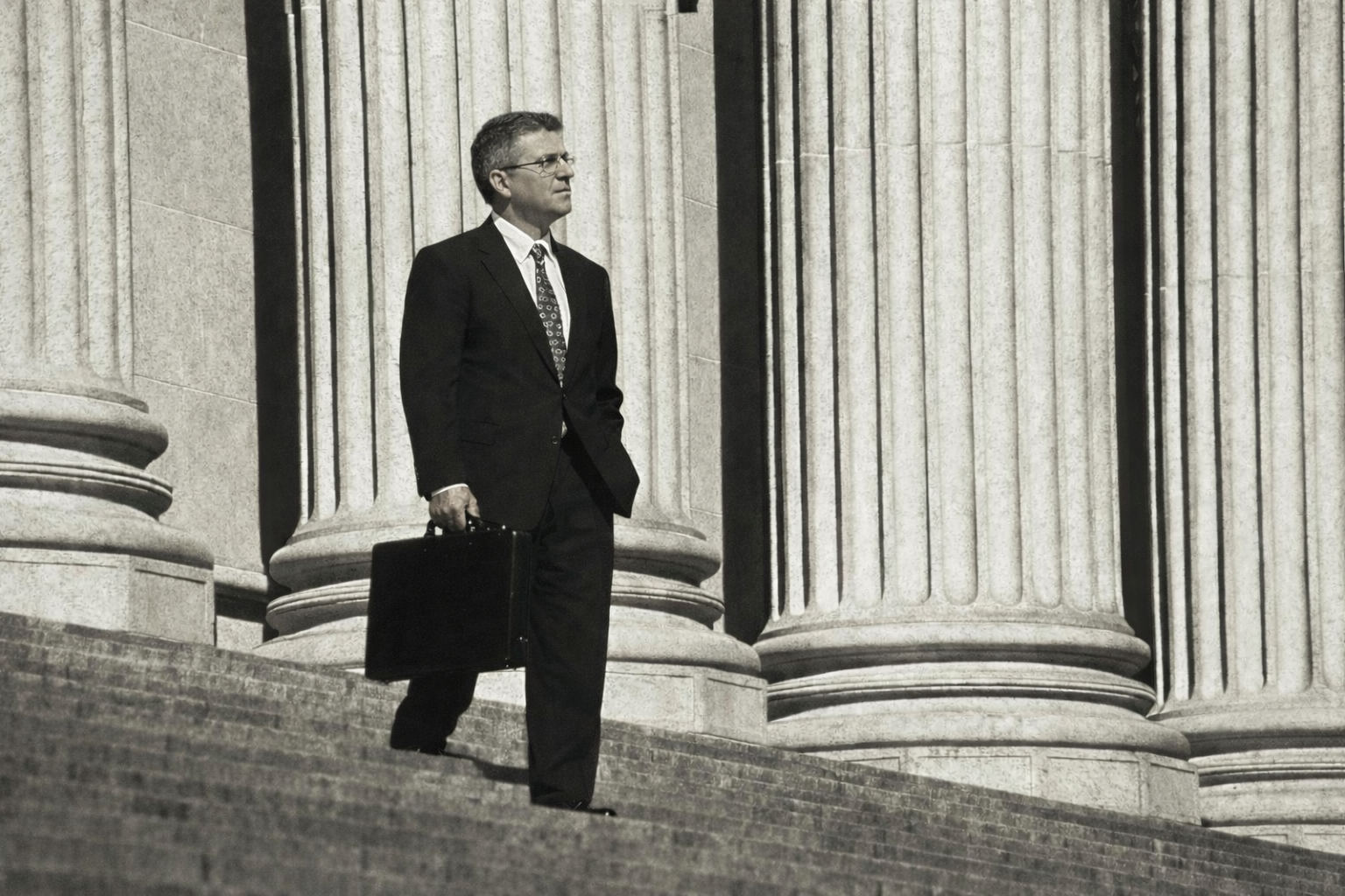 Attorney standing near courthouse columns